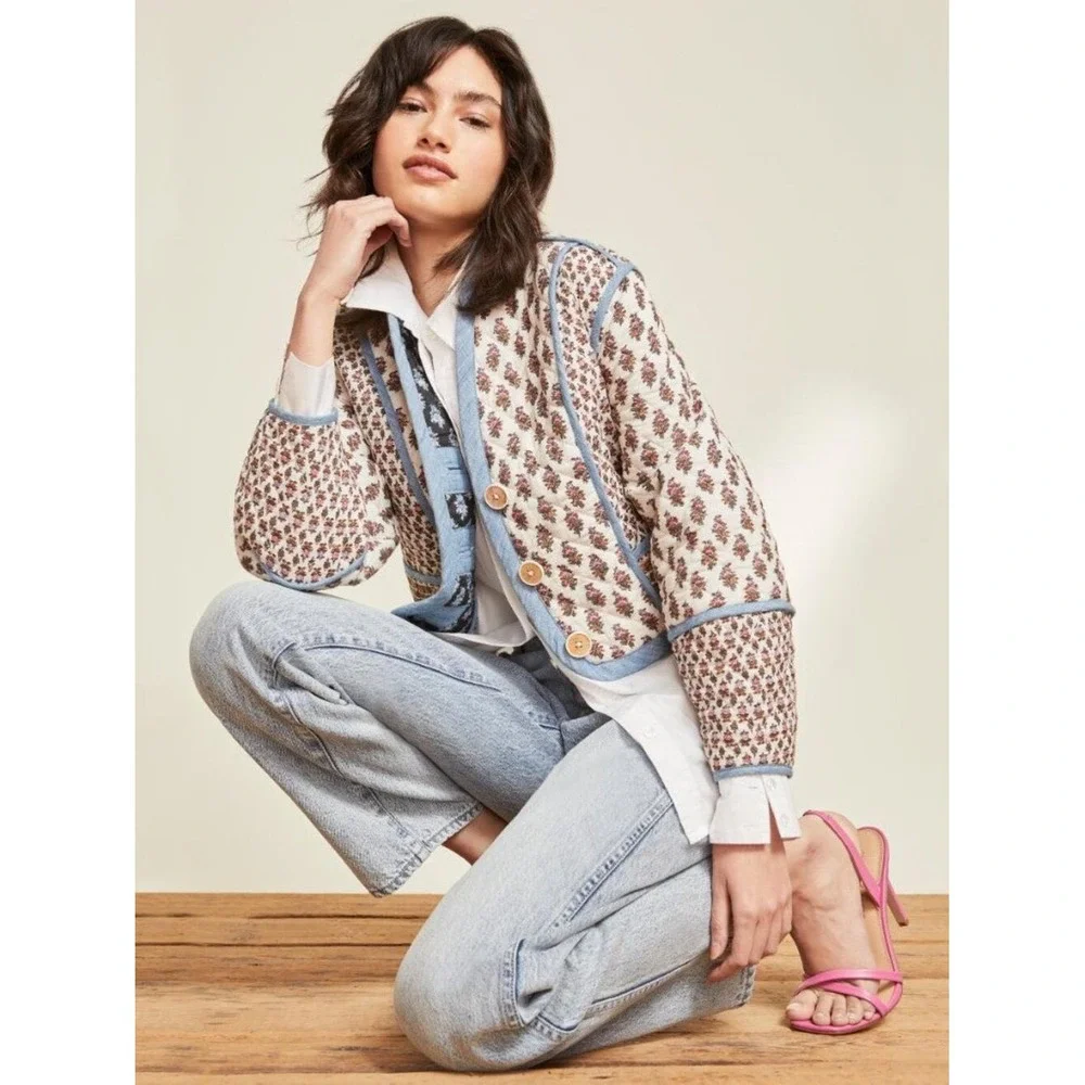 Veronica Beard Kamila Reversible Quilted Floral Jacket Blue Cream Pink Small